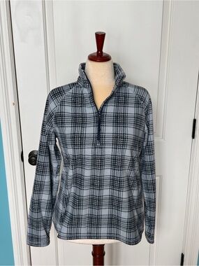 Eddie Bauer Light Blue and Charcoal Plaid Quarter-Zip Fleece